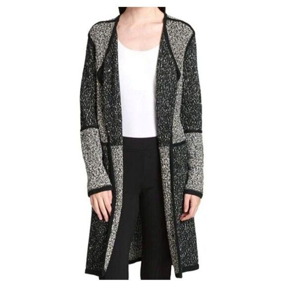 Calvin Klein Womens S Colorblock Piped Long Cardigan Black White Gray Flawless - Picture 1 of 8